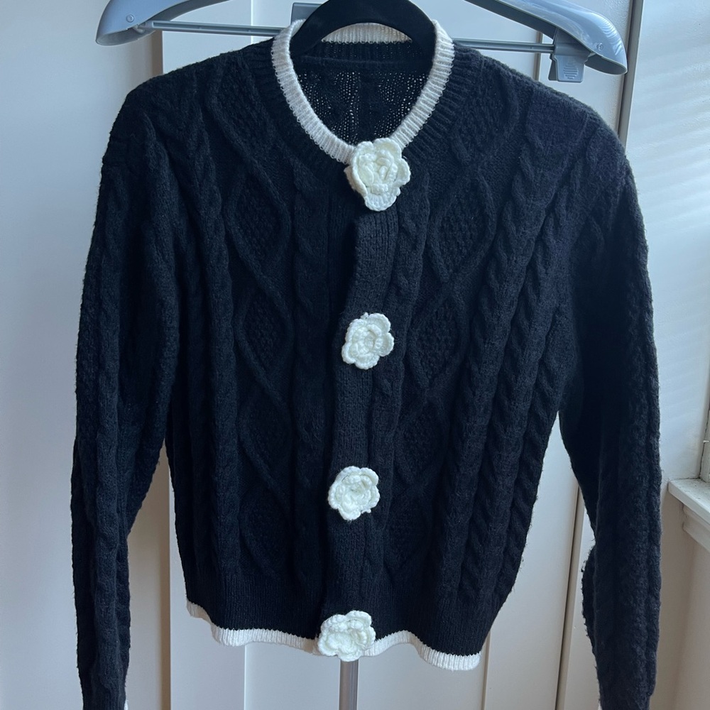 Black Cable Knit Sweater Cardigan with White Flower Buttons